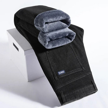 Ανδρικά 2024 Χειμώνας Ζεστό3 Χρώμα ίσιο Thcik Fleece Τζιν Μόδα Casual φαρδύ κλασικό μονόχρωμο τζιν παντελόνι Ανδρικά ρούχα