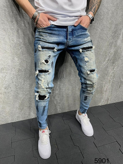 Μπλε skinny τζιν για άνδρες ​Βαμμένο Stretch Slim Fit Ripped Distressed Pleated Knee Patch Denim Παντελόνι μάρκας Casual Ανδρικό παντελόνι