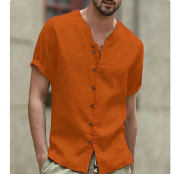 2023 г. Памучно бельо Горещи разпродажби Мъжки ризи с къси ръкави Летни едноцветни отложна яка Ежедневен плажен стил Плюс размер