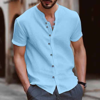 Ανδρικά κοντομάνικα πουκάμισα 2023 από βαμβακερά λινό, καλοκαιρινά μονόχρωμα πουκάμισα με γυριστό γιακά Casual Beach Style Plus Size
