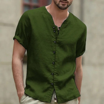 Ανδρικά κοντομάνικα πουκάμισα 2023 από βαμβακερά λινό, καλοκαιρινά μονόχρωμα πουκάμισα με γυριστό γιακά Casual Beach Style Plus Size
