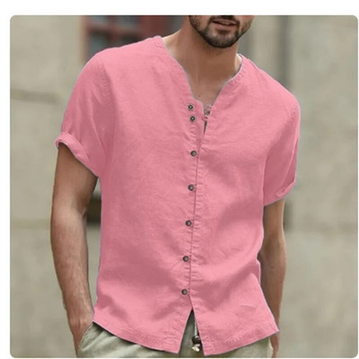 Ανδρικά κοντομάνικα πουκάμισα 2023 από βαμβακερά λινό, καλοκαιρινά μονόχρωμα πουκάμισα με γυριστό γιακά Casual Beach Style Plus Size