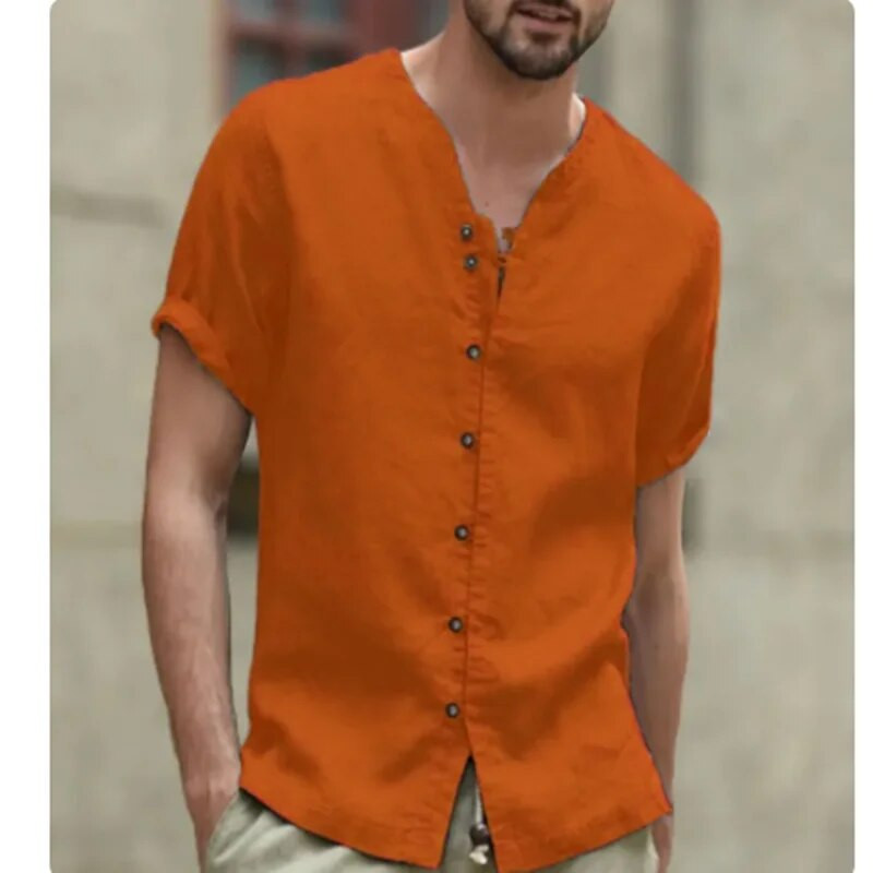 Ανδρικά κοντομάνικα πουκάμισα 2023 από βαμβακερά λινό, καλοκαιρινά μονόχρωμα πουκάμισα με γυριστό γιακά Casual Beach Style Plus Size