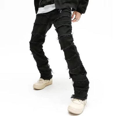 2023 Dark Streetwear Black Baggy Grunge Stacked Jeans Y2K Pantaloni Bărbați Patchwork Hip Hop Pantaloni drepti din denim Pantalones Hombre