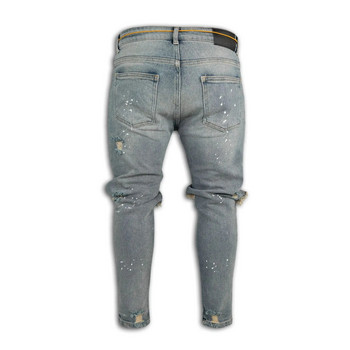Мъжки дънки с дупки до коляното, разкъсани еластични тесни дънкови панталони, едноцветни черни, сини, есенни, летни хип-хоп панталони, тесни панталони 2022 г.