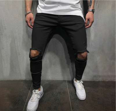 Meeste rebenenud püksid pliiats Denim pikad püksid kitsad must/valge,/roheline/khaki värvi vabaaja tänavarõivad noored mitmekülgsed ühevärvilised