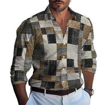 Карирани ризи за мъже Ризи с дълъг ръкав 3D печатни дрехи Модни мъжки ризи Блузи Висококачествени горнища с ревери Разнообразни дрехи