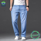 Meeste teksad Klassikalised suvised Lyocell Cotton Straight Stretch Brand Denim Püksid Kombinesoonid Helesinine Fit Püks Suur Suurus 40 42 44 46