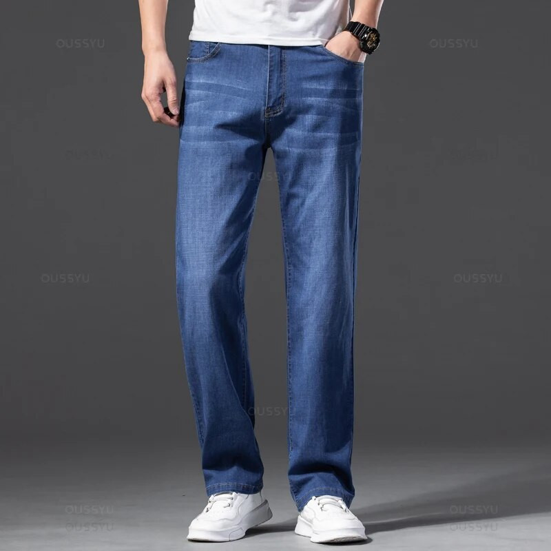 Meeste teksad Klassikalised suvised Lyocell Cotton Straight Stretch Brand Denim Püksid Kombinesoonid Helesinine Fit Püks Suur Suurus 40 42 44 46