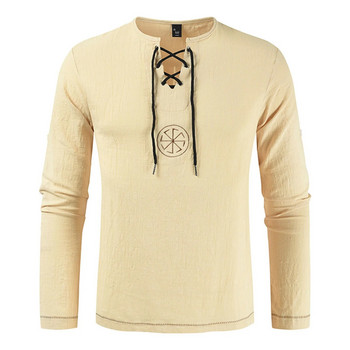 Νέο ανδρικό βαμβακερό λινό πουκάμισο Loose fashion Ancient Viking κέντημα με λαιμόκοψη V με κορδόνια πουκάμισα Ανδρικά μακρυμάνικα μπλουζάκια