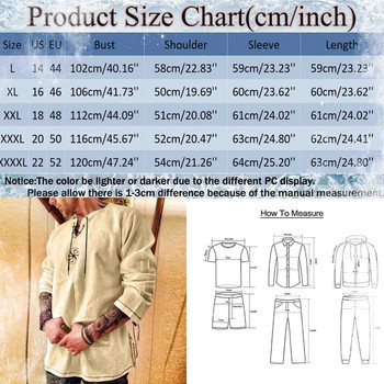 Нова мъжка памучна ленена риза Свободна мода Древни викингски бродерии Ризи с връзки с V-образно деколте Мъжки ежедневни тениски с дълги ръкави