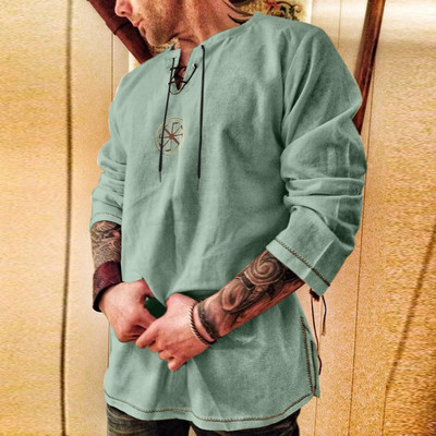 Nauji vyriški medvilniniai lininiai marškiniai Laisvi senoviniai vikingų siuvinėjimai V formos iškirpte nėriniuoti marškiniai Vyriški laisvalaikio marškinėliai ilgomis rankovėmis