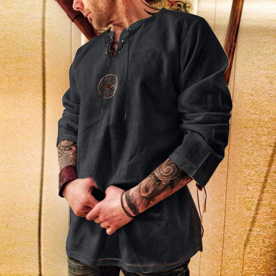 Nauji vyriški medvilniniai lininiai marškiniai Laisvi senoviniai vikingų siuvinėjimai V formos iškirpte nėriniuoti marškiniai Vyriški laisvalaikio marškinėliai ilgomis rankovėmis