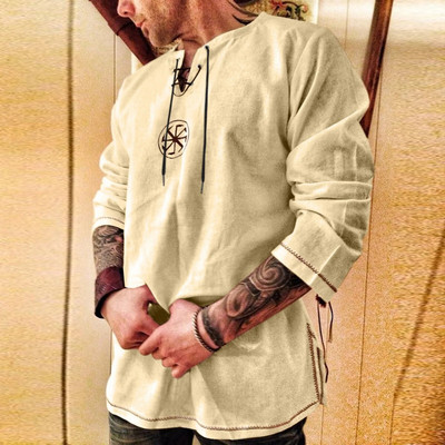 Nauji vyriški medvilniniai lininiai marškiniai Laisvi senoviniai vikingų siuvinėjimai V formos iškirpte nėriniuoti marškiniai Vyriški laisvalaikio marškinėliai ilgomis rankovėmis