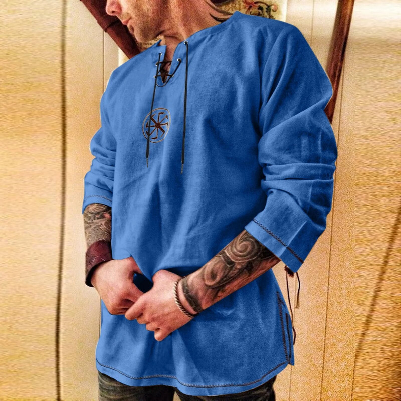 Nauji vyriški medvilniniai lininiai marškiniai Laisvi senoviniai vikingų siuvinėjimai V formos iškirpte nėriniuoti marškiniai Vyriški laisvalaikio marškinėliai ilgomis rankovėmis