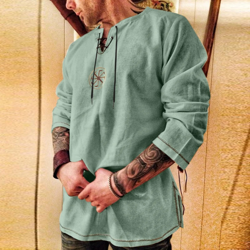 Nauji vyriški medvilniniai lininiai marškiniai Laisvi senoviniai vikingų siuvinėjimai V formos iškirpte nėriniuoti marškiniai Vyriški laisvalaikio marškinėliai ilgomis rankovėmis