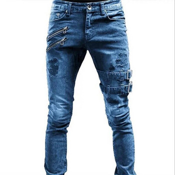 Декорация с цип Slim Fit Biker Jeans Мъжки памучни еластични скъсани тесни дънки Висококачествени хип-хоп черни извънгабаритни дънкови панталони