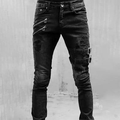 Διακόσμηση με φερμουάρ Slim Fit Biker Jeans Ανδρικό βαμβακερό ελαστικό στενό τζιν παντελόνι υψηλής ποιότητας Hip Hop μαύρο oversize τζιν παντελόνι
