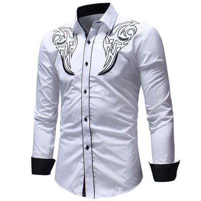 Западни каубойски бели ризи Мъжки ежедневни тънки ризи с дълги ръкави, парти ризи, мъжко облекло Camisetas Masculina Ново