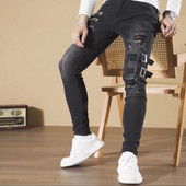Прави дънки Мъжки пънк тесни дънкови панталони Пролет Лято Boyfriend Jeans Streetwear Zipper Slim Fit Черни готически панталони