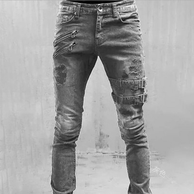 Прави дънки Мъжки пънк тесни дънкови панталони Пролет Лято Boyfriend Jeans Streetwear Zipper Slim Fit Черни готически панталони