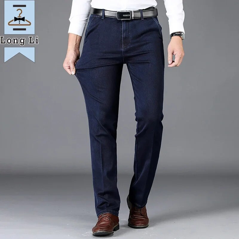 Toamnă și iarnă, clasici, blugi de afaceri pentru bărbați cu talie înaltă, pantaloni din denim drepti, albastru închis, cu elasticitate, pantaloni groși de marcă masculină