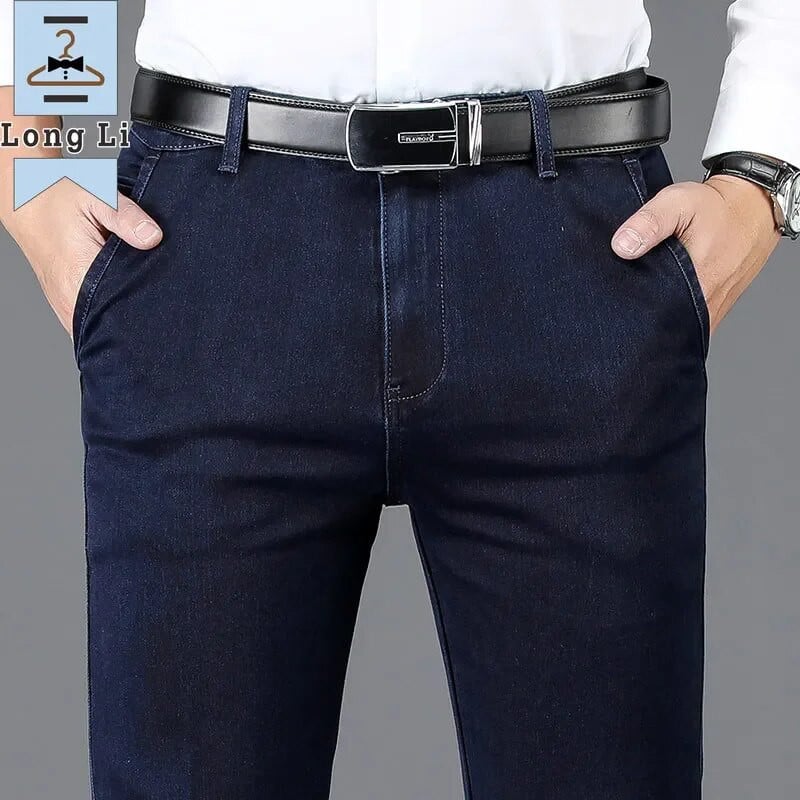Toamnă și iarnă, clasici, blugi de afaceri pentru bărbați cu talie înaltă, pantaloni din denim drepti, albastru închis, cu elasticitate, pantaloni groși de marcă masculină