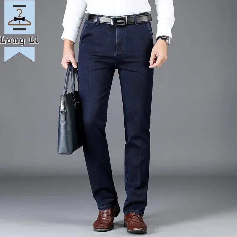Toamnă și iarnă, clasici, blugi de afaceri pentru bărbați cu talie înaltă, pantaloni din denim drepti, albastru închis, cu elasticitate, pantaloni groși de marcă masculină
