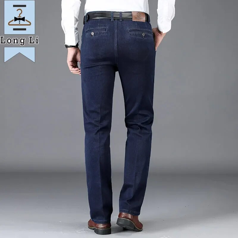 Toamnă și iarnă, clasici, blugi de afaceri pentru bărbați cu talie înaltă, pantaloni din denim drepti, albastru închis, cu elasticitate, pantaloni groși de marcă masculină