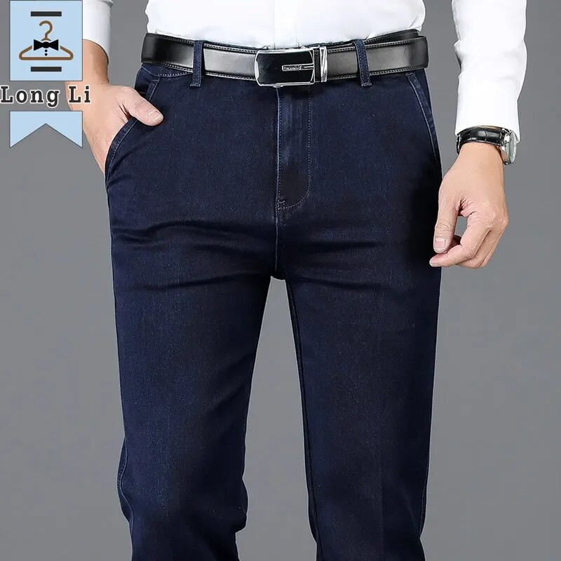 Toamnă și iarnă, clasici, blugi de afaceri pentru bărbați cu talie înaltă, pantaloni din denim drepti, albastru închis, cu elasticitate, pantaloni groși de marcă masculină