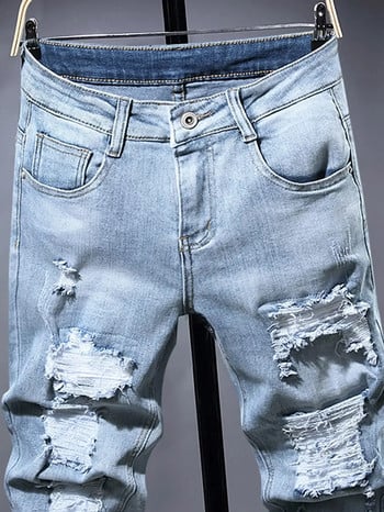 Мъжки скъсани дънки Есенни дизайнерски тесни черни сини дънкови панталони Мъжки дънки Изтъркани унищожени панталони