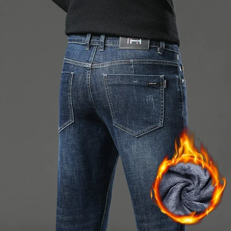 Ανδρικά ρούχα από ίσιο ελαστικό φλις τζιν 2023 Χειμώνας Νέο χοντρό ζεστό casual λεπτό ανδρικό ρετρό τζιν παντελόνι