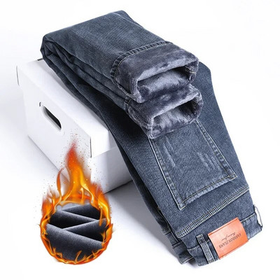 Ανδρικό χειμωνιάτικο τζιν χιονιού ζεστό Stretch ίσιο πόδι Θερμικό τζιν Αντρικό φλις τζιν μακρύ παντελόνι μπλε γκρι μόδα κλασικό παντελόνι