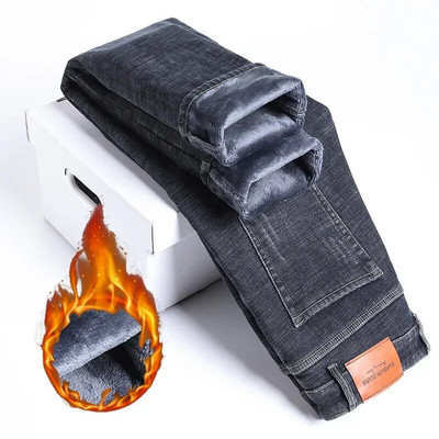 Ανδρικό χειμωνιάτικο τζιν χιονιού ζεστό Stretch ίσιο πόδι Θερμικό τζιν Αντρικό φλις τζιν μακρύ παντελόνι μπλε γκρι μόδα κλασικό παντελόνι