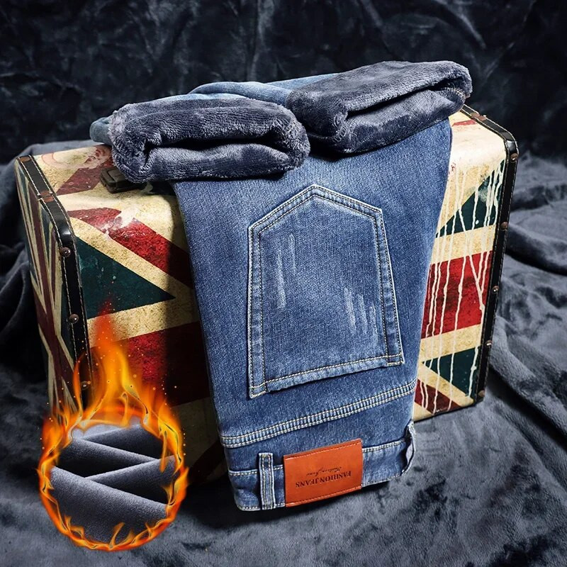 Ανδρικό χειμωνιάτικο τζιν χιονιού ζεστό Stretch ίσιο πόδι Θερμικό τζιν Αντρικό φλις τζιν μακρύ παντελόνι μπλε γκρι μόδα κλασικό παντελόνι