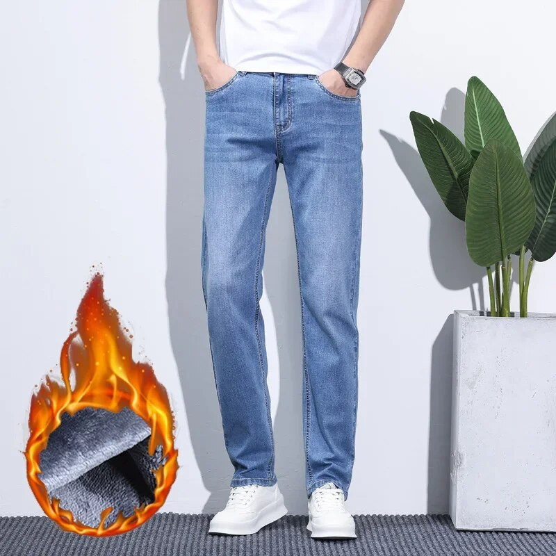 Ανδρικό χειμωνιάτικο τζιν χιονιού ζεστό Stretch ίσιο πόδι Θερμικό τζιν Αντρικό φλις τζιν μακρύ παντελόνι μπλε γκρι μόδα κλασικό παντελόνι