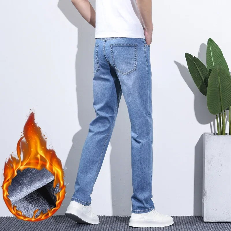 Ανδρικό χειμωνιάτικο τζιν χιονιού ζεστό Stretch ίσιο πόδι Θερμικό τζιν Αντρικό φλις τζιν μακρύ παντελόνι μπλε γκρι μόδα κλασικό παντελόνι