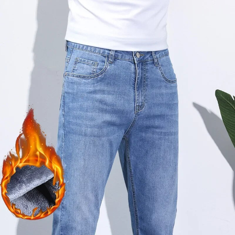Ανδρικό χειμωνιάτικο τζιν χιονιού ζεστό Stretch ίσιο πόδι Θερμικό τζιν Αντρικό φλις τζιν μακρύ παντελόνι μπλε γκρι μόδα κλασικό παντελόνι