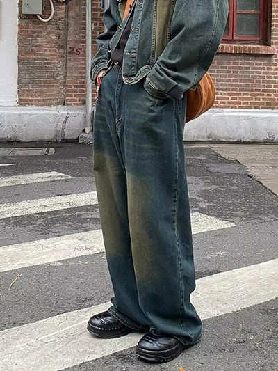 Blugi retro vintage pentru bărbați Y2k Street Hip-Hop pantaloni largi cu picioare largi Pantaloni cu picioare drepte Trend Retro îmbrăcăminte bărbătească