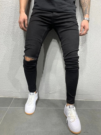Ταλαίπωρες τρύπες στο γόνατο Ελαστικό στενό τζιν Ανδρικά σκισμένα τζιν παντελόνια ποδηλασίας Στερεά πλυμένα streetwear Black Pantalones Hombre Joggers