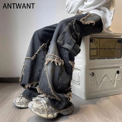 Γιαπωνέζικο στυλ ρετρό high street φαρδύ στενό τζιν με χιαστί τσέπη για άντρες και γυναίκες φθινοπωρινό γούνινο παντελόνι ανδρικό τζιν y2k