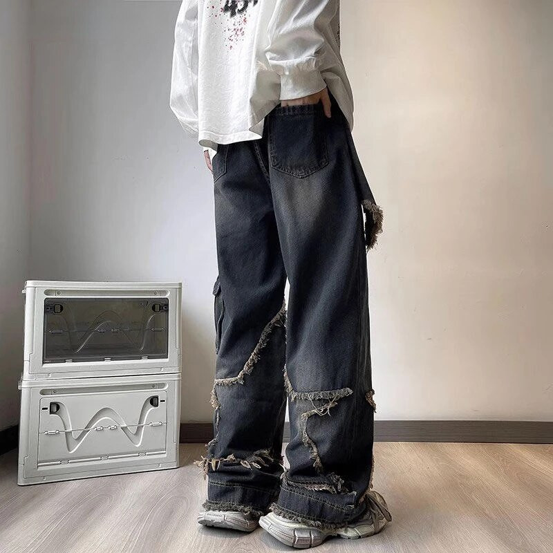 Γιαπωνέζικο στυλ ρετρό high street φαρδύ στενό τζιν με χιαστί τσέπη για άντρες και γυναίκες φθινοπωρινό γούνινο παντελόνι ανδρικό τζιν y2k