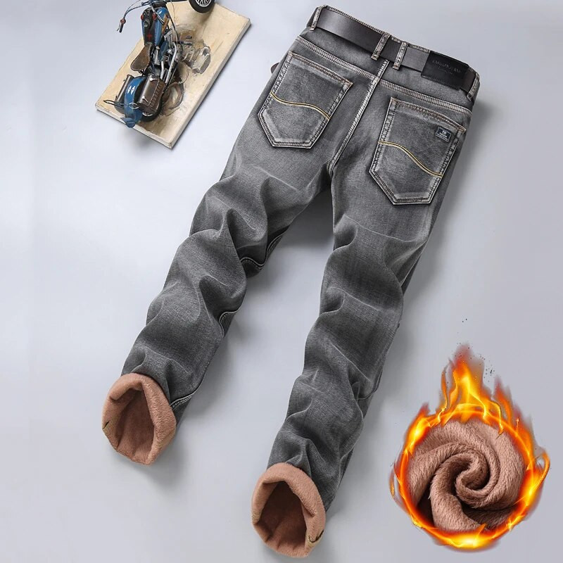 Ανδρικά ζεστά, χοντρά γκρι τζιν, επαγγελματικά μόδα, κανονική εφαρμογή, τζιν παντελόνι φλις ελαστικό ανδρικό παντελόνι μάρκας υψηλής ποιότητας