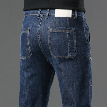 Модни тънки дънки с много джобове Мъжки прави кльощави High Street Ежедневни мъжки сини черни сиви класически дънкови панталони