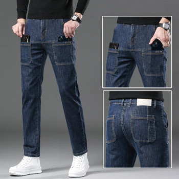 Модни тънки дънки с много джобове Мъжки прави кльощави High Street Ежедневни мъжки сини черни сиви класически дънкови панталони