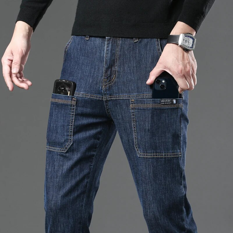 Daugiakišeniniai madingi ploni džinsai vyriški tiesūs siauri High Street laisvalaikio vyriškos mėlynos juodos pilkos klasikinės džinsinės kelnės