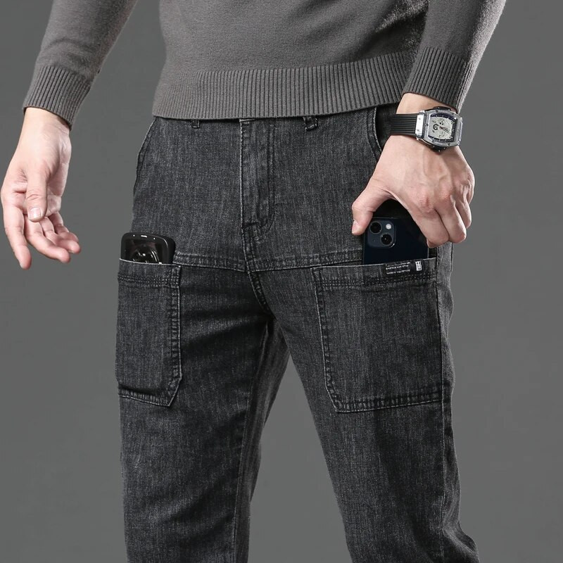 Daugiakišeniniai madingi ploni džinsai vyriški tiesūs siauri High Street laisvalaikio vyriškos mėlynos juodos pilkos klasikinės džinsinės kelnės