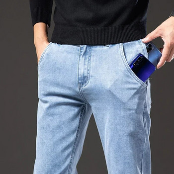 2023 Пролет Нови мъжки сини еластични тънки бизнес дънки против кражба Дизайн с цип Дънкови панталони с обикновена кройка Мъжки маркови дрехи