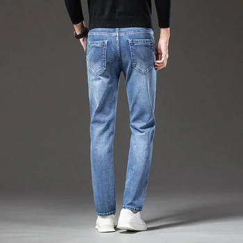 2023 Пролет Нови мъжки сини еластични тънки бизнес дънки против кражба Дизайн с цип Дънкови панталони с обикновена кройка Мъжки маркови дрехи