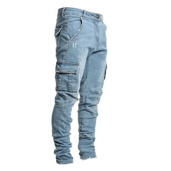 Дънки Мъжки панталони Ежедневни памучни дънкови панталони Карго дънки с много джобове Мъжки нови модни дънкови моливи панталони Странични джобове Карго